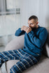 Men Winter Pajama Set Petroleum T-shirt + Blue shades x Black Checkered pant